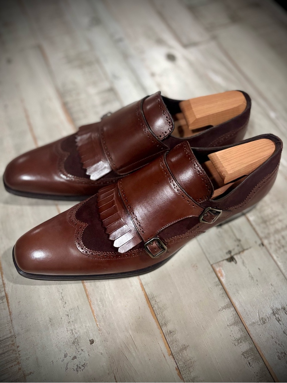 Mezlan Brown Leather Double Monk Fringe Dress Shoes.  Classic and beautiful.
